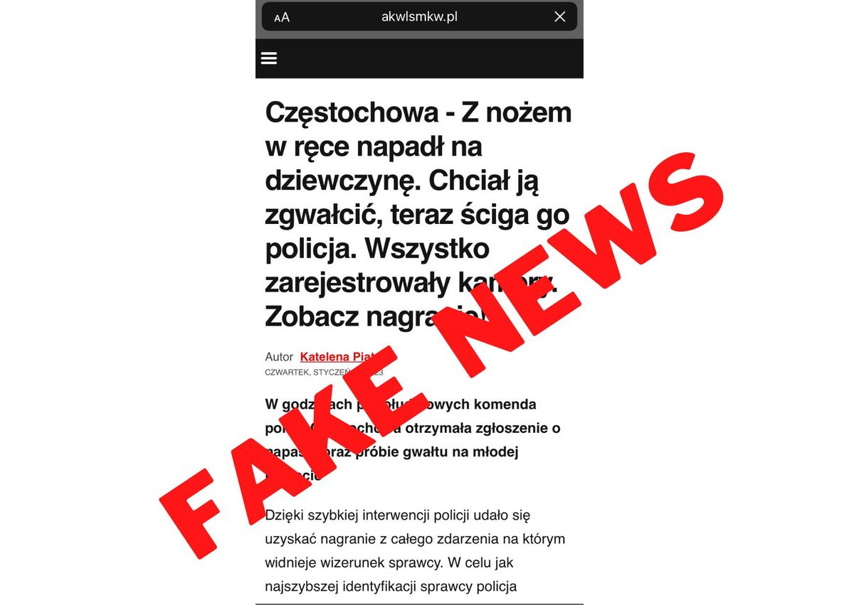 zrzut ekranu z fałszywa informacja o napadzie i próbie gwałtu na dziewczynie w Częstochowie, na środku czerwony napis fake news
