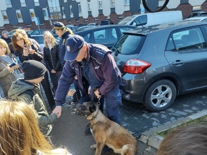 Policyjny przewodnik z psem służbowym wita się z dziećmi na parkingu przy komendzie