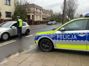 Policyjny radiowóz zaparkowany przy drodze, a policjant bada stan trzeźwości kierowcy na drodze