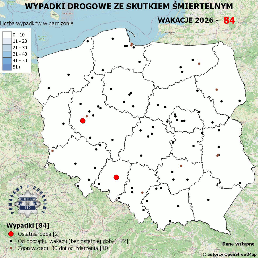 Mapa prezentująca liczbę wypadków poprzedniej doby w Polsce. Prezentowane dane są dostępne w tekście poniżej.