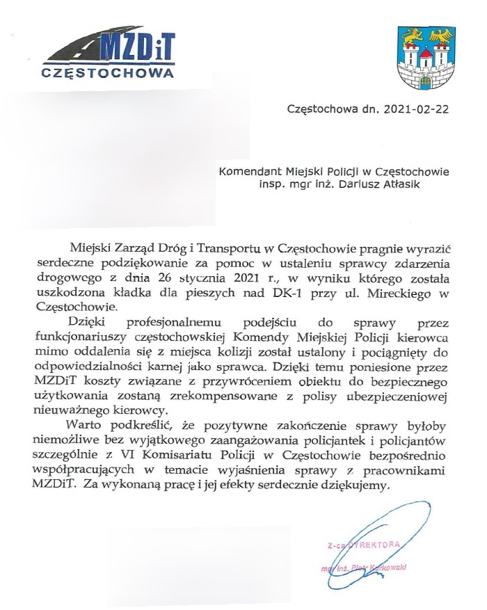 podziękowanie od Miejskiego Zarządu Dróg i Transportu w Częstochowie dla częstochowskich policjantów 