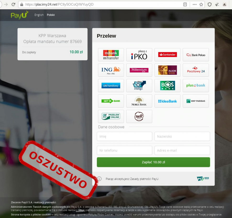 zrzut ekranu pokazujący fałszywą strone z płatnościami internetowymi 