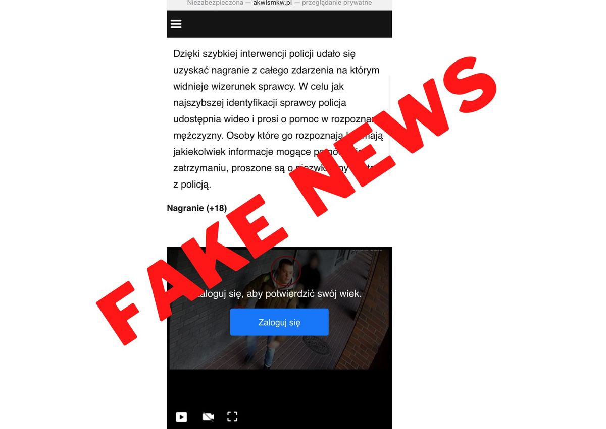 zrzut ekranu z fałszywa informacja o napadzie i próbie gwałtu na dziewczynie w Częstochowie, na środku czerwony napis fake news