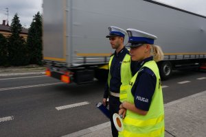 Policjanci podczas kontroli na drodze.