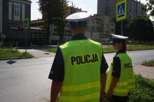Policjanci lustrują drogę przy szkołę.