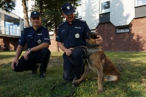 Policjanci i Piorun przed KMP w Częstochowie.