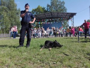 policjant z psem służbowym na pokazie posłuszeństwa psa