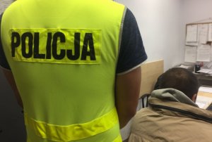 policjant w kamizelce odblaskowej tyłem do fotografującego