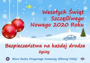 kartka świąteczna z narysowanym samochodem i życzeniami Bezpieczeństwa na każdej drodze