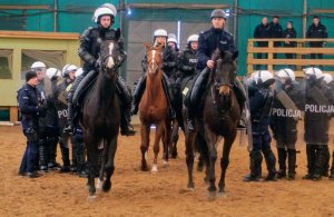 policjancxi na koniach idą między policjantami stojącymi z tarczami