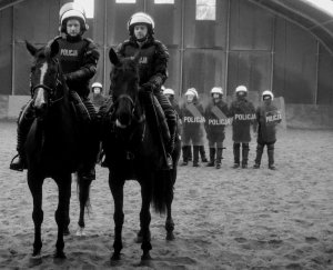 policjanci na koniach na pierwszym planie, w tle policjanci z tarczami