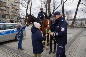 policjant w mundurze rozdaje Paniom tulipany