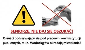 napis seniorze nie daj się oszukać wraz z dłońmi, przekazującymi sobie pieniądze