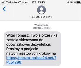 zrzut ekranu z wiadomością sms o konieczności wniesienia opłaty za dezynfekcję przesyłki