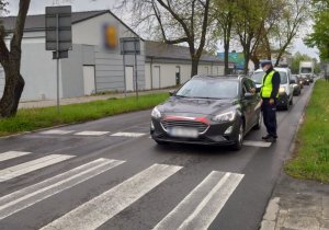 policjanci z ruchu drogowego w kamizelkach odblaskowych kontrolują samochody w pobliżu przejścia dla pieszych