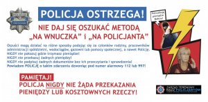 ulotka informująca o metodach działania przestępców na szkodę seniorów