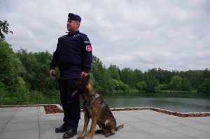 policjant z psem służbowym patroluje rejon kąpieliska wodnego