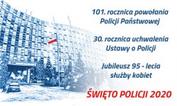 kartka z datami powstania policji, w tle budynek Komendy Wojewódzkiej Policji w Katowicach