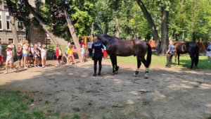 policjant na koniu służbowym, stoi przed grupą dzieci i rozmawia o bezpieczeństwie