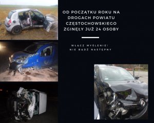 4 zdjęcia uszkodzonych samochodów po wypadku na czarnym tle oraz napis Od początku roku na drogach powiatu częstochowskiego zginęły już 24 osoby. Włącz myślenie, nie bądź następny