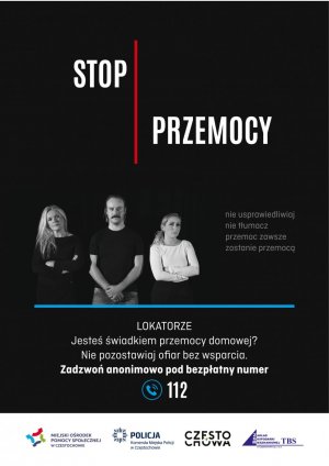 plakat promujący akcję Stop Przemocy - na czarnym tle aktorzy nad nimi napis akcji