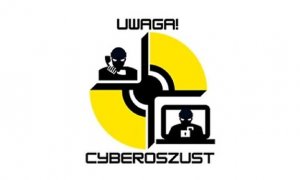 logo akcji z napisem Uwaga Cyberoszust na żółtym tle zarys dwóch postaci, które korzystają z komputera