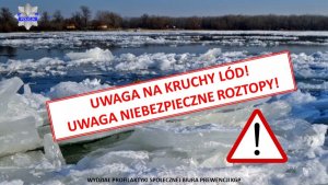 plakat ze zdjęciem pękniętej tafli lodu na zbiorniku wodnym z napisem Uwaga! Kruchy lód. Uwaga niebezpieczne roztopy.