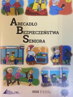 ulotka z napisem Abecadło Bezpieczeństwa Seniora na żółtym tle obrazki przedstawiające podstawowe czynności seniorów