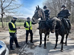 policjanci w kamizelkach odblaskowych i białych czapkach ;legitymują policjantów siedzących na koniach służbowych