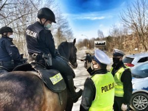 policjant z drogówki pokazuje odczyt z radaru policjantowi siedzącemu na koniu