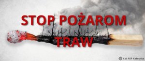 Plakat promujący akcję STOP pożarom traw w tle napisu spalone drzewa