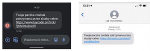 sms o treści Twoja paczka została zatrzymana przez służby celne wraz z linkiem odsyłającym do strony internetowej