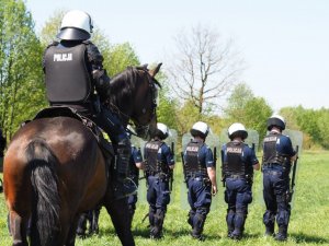 policjanci na koniach, w tle policjanci z oddziałów prewencji z tarczami w ręku stoją na trawie