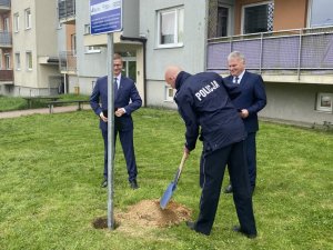 Na zdjęciach Prezydent Miasta Częstochowy, Komendant Miejskie Policji i Prezes Zakładu Gospodarki Mieszkaniowej dokonują symbolicznego wkopania znaku informującego kierowców o zasadach bezpieczeństwa w strefie zamieszkania