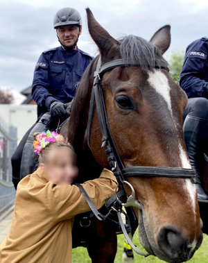 dzieci głaszczące konie służbowe podczas spotkania