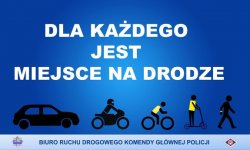 plakat promujący bezpieczeństwo na drodze - na granatowym tle namalowane postacie użytkowników dróg