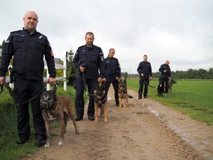 policjanci z psami służbowymi pozują do zdjęcia