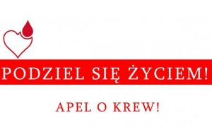 napis w kolorze czerwonym na białym tle &quot;podziel się życiem. Apel o krew&quot;.