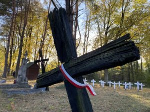 na pierwszym planie drewniany krzyż na cmentarzu w Zasmykach, w tle betonowe krzyże
