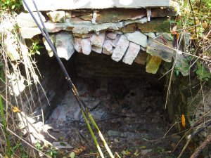 zawalony grobowiec - widać jego wnętrze z kawałkami cegieł i kością