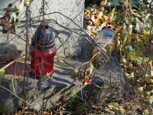 znicze zakryte przez roślinność na jednym z grobów na cmentarzu w Kisielinie