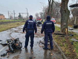 policjanci stoją tyłem do wraku samochodu na drodze