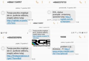 zestawienie 5 sms o fałszywej treści dotyczącej przesyłki nadanej, która zmieniła status lub oczekuje w punkcie odbioru