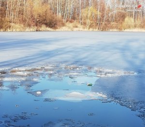 połamana tafla lodu na zbiorniku wodnym, w tle las