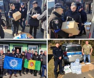 kolaż 4 zdjęć, na których widać ukraińskich policjantów i policyjnych związkowców z Parczewa, którzy rozładowują samochody z przekazywanych przedmiotów