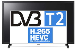 na tle telewizora napis DVB T2 H.265 HEVC