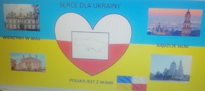 rysunek autorstwa uczestnika konkursu przedstawia serce i flagę Polski i  Ukrainy