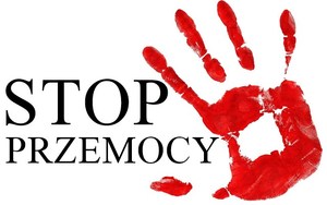 zdjęcie przedstawia czarny napis &quot;stop przemocy&quot; oraz odbicie na czerwono ludzkiej dłoni