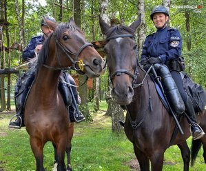 policjant i policjantka na koniach służbowych pozują do zdjęcia