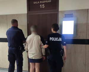 policjantka i policjant trzymają za ramiona zatrzymanego na tle drzwi z napisem sala rozpraw